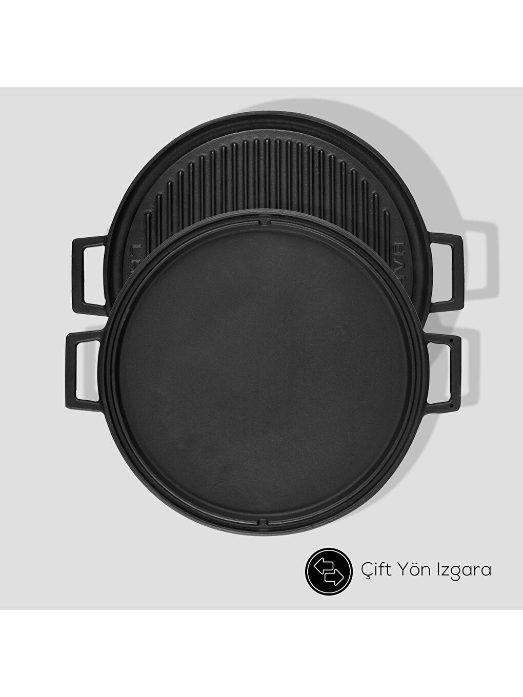 Siyah Yuvarlak Çift Yön Izgara Tavası Döküm Demir Yekpare Çift Kulplu Çap(Ø)34cm.-6