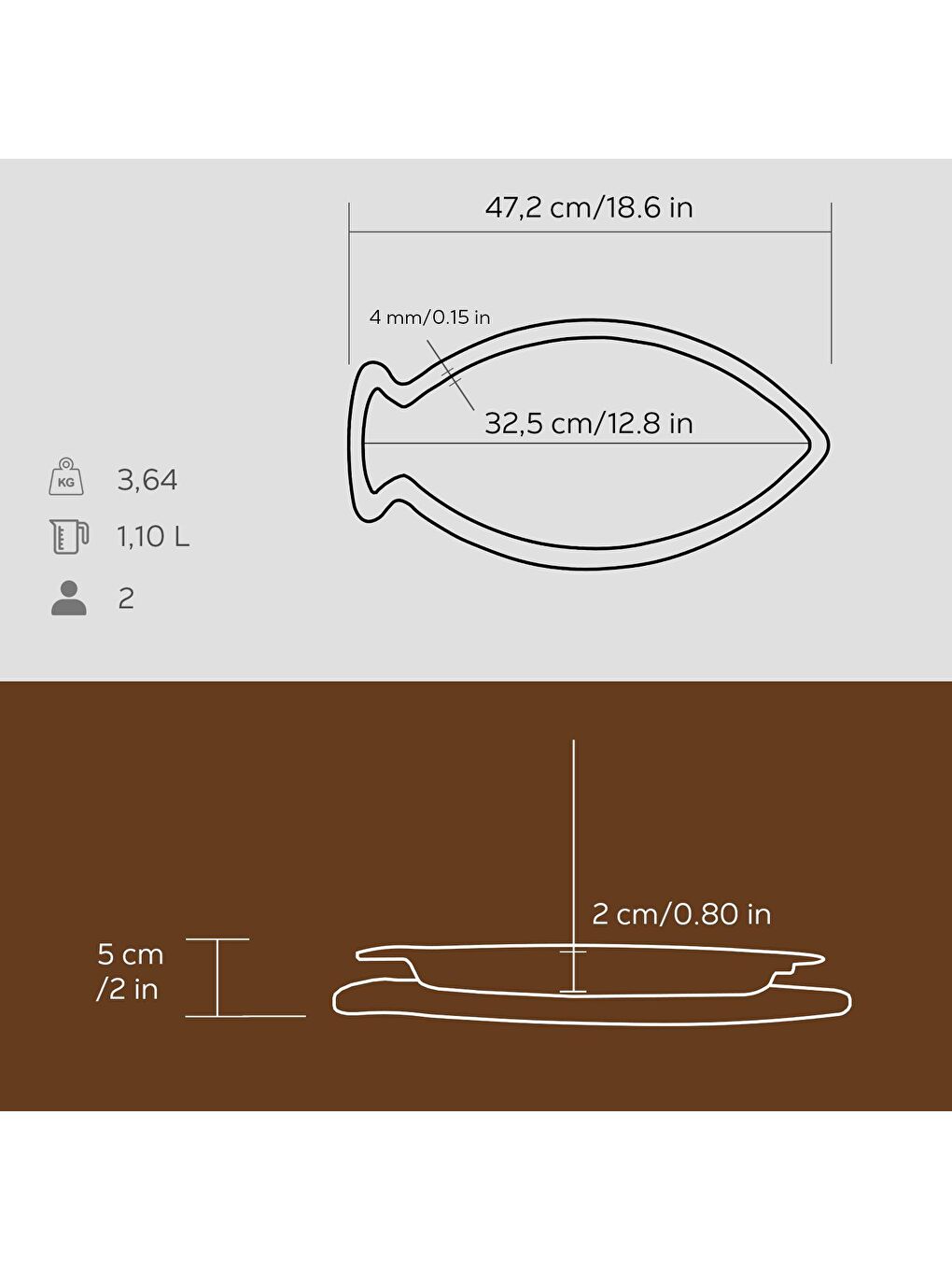 LAVA Siyah Balık Tabağı Döküm Demir Yekpare Kulplu Kayın Servis Ahşabı Ölçü 20x32cm. - 3