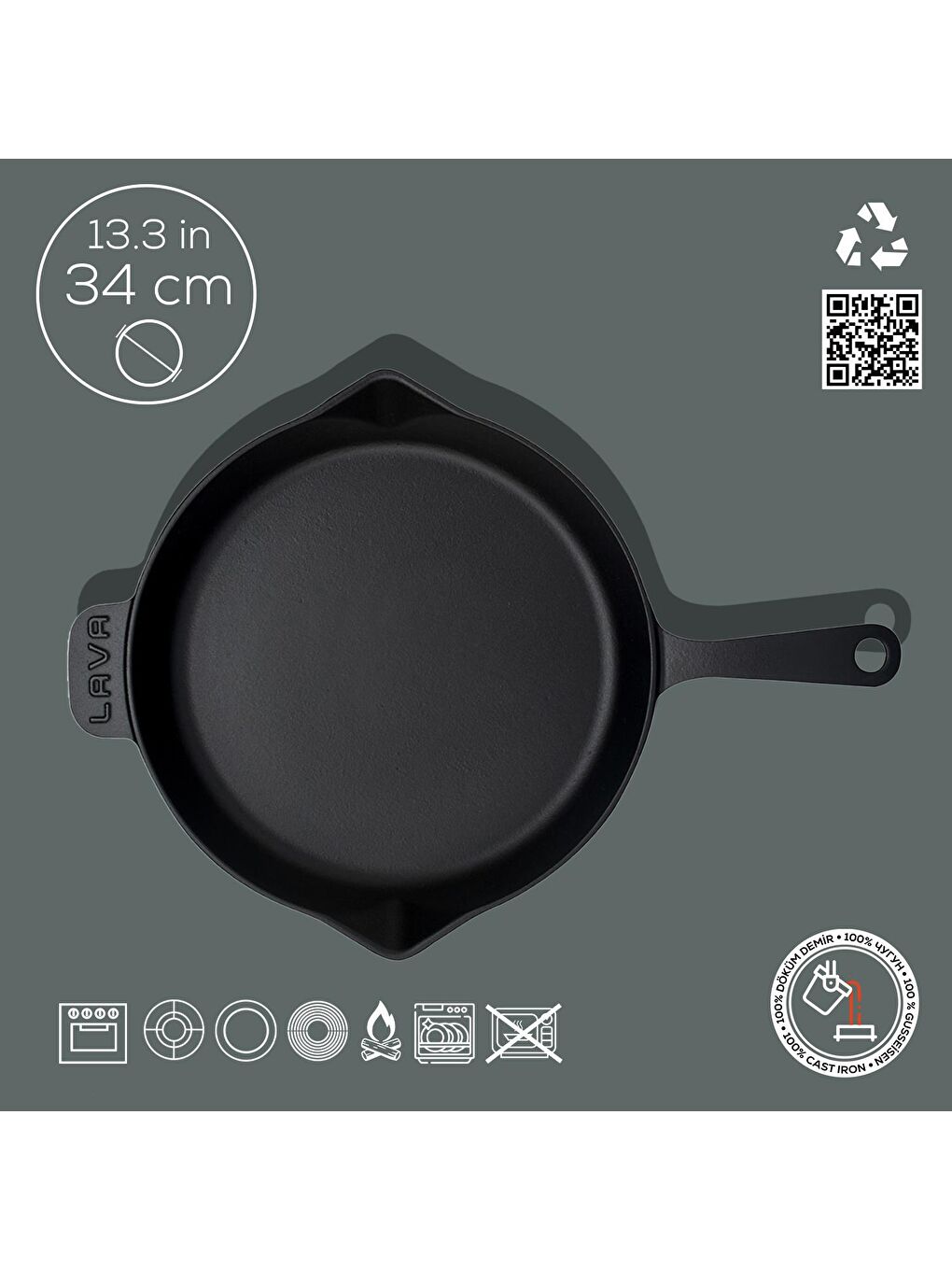 Siyah Yuvarlak Kızartma Tavası Döküm Demir Yekpare Saplı. Çap(Ø)34cm-3