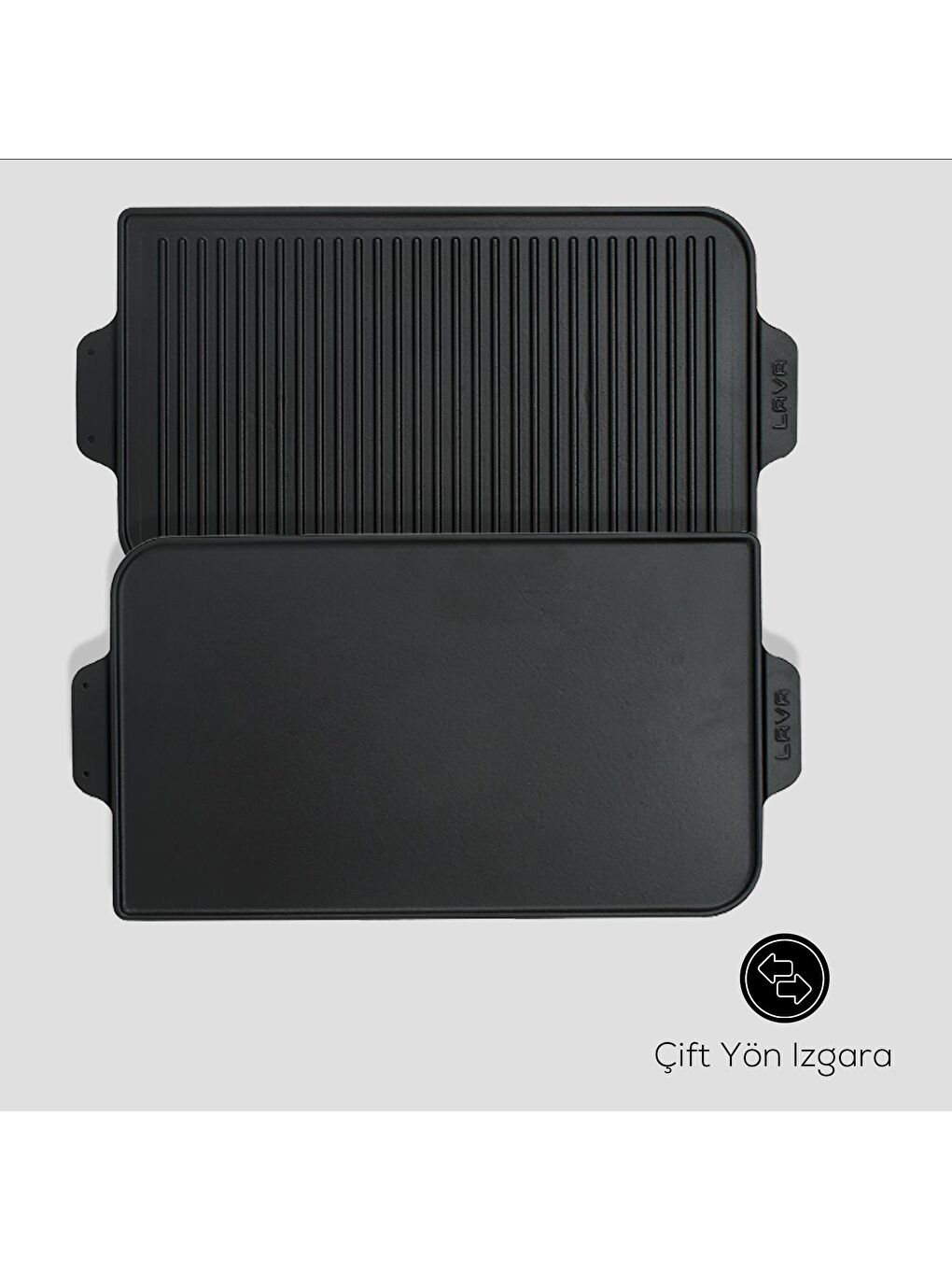 Siyah Dikdörtgen Izgara Çift Yön Hot Plate Döküm Demir Yekpare Çift Kulplu Ölçü 26x47cm.-3