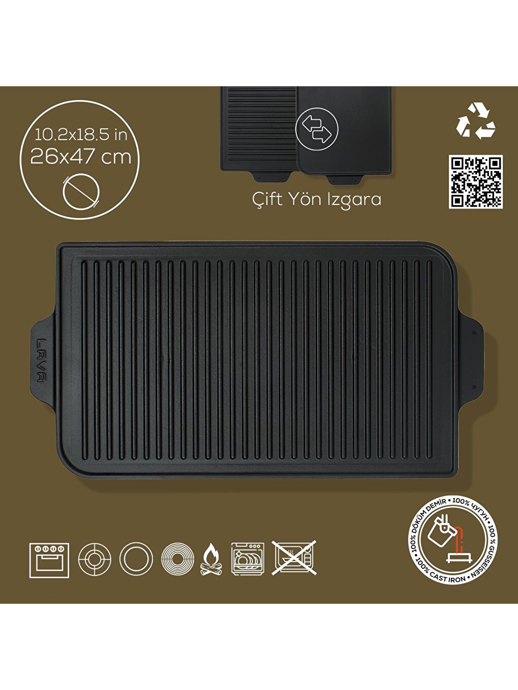 Siyah Dikdörtgen Izgara Çift Yön Hot Plate Döküm Demir Yekpare Çift Kulplu Ölçü 26x47cm.-4