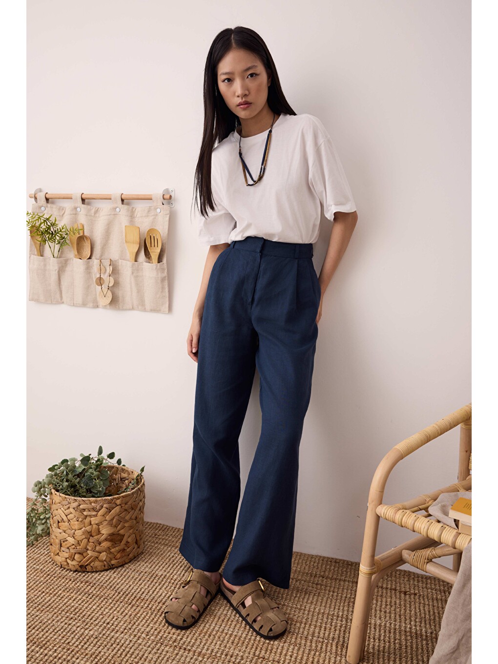 Lacivert Pileli Basic Keten Pantolon Gece Mavi