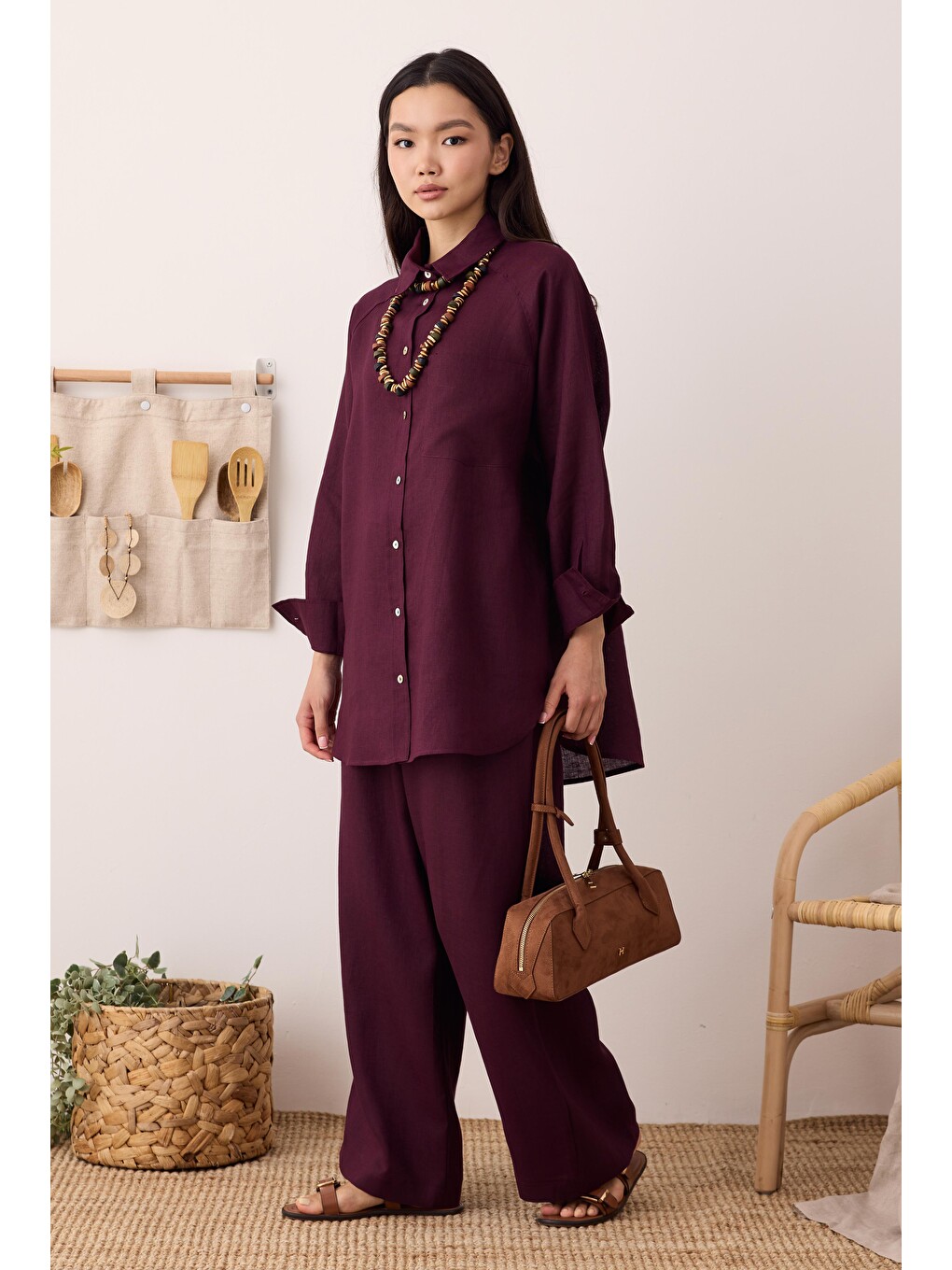 Pileli Basic Keten Pantolon Bordo-1