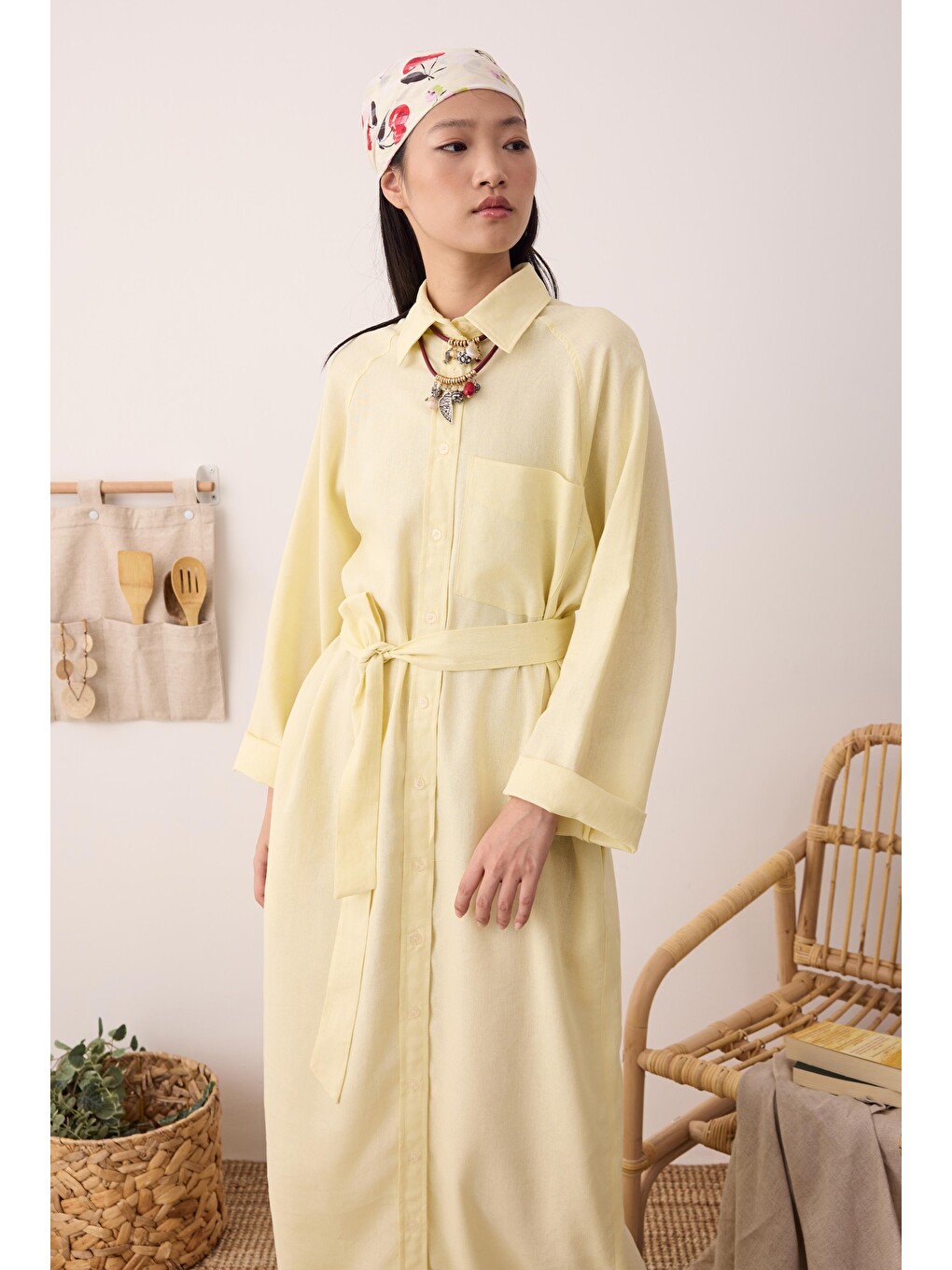 Reglan Kol Keten Elbise Soft Sarı-2