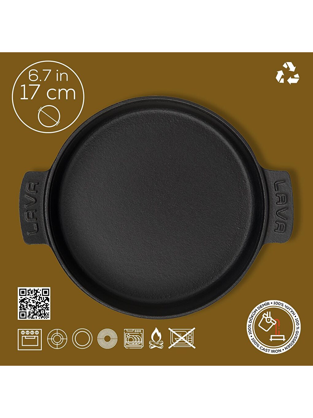 Siyah Yuvarlak Güveç Kabı Döküm Demir Yekpare Çift Kulplu Çap(Ø)17cm.-2