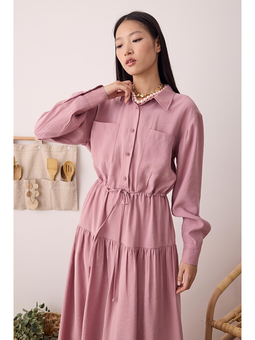 Pembe Büzgülü Modal Elbise Gül Kurusu-1