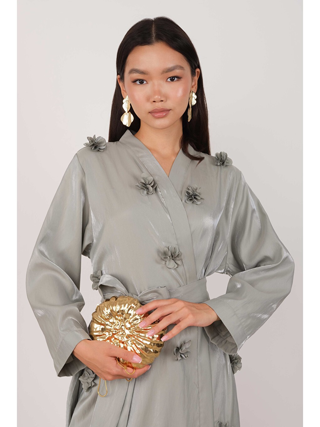 Yeşil Çiçekli Aplikeli Abaya Çağla-1