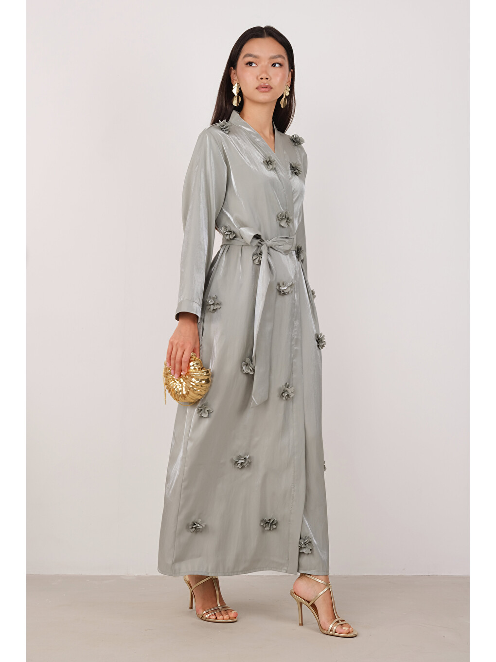 Yeşil Çiçekli Aplikeli Abaya Çağla-2
