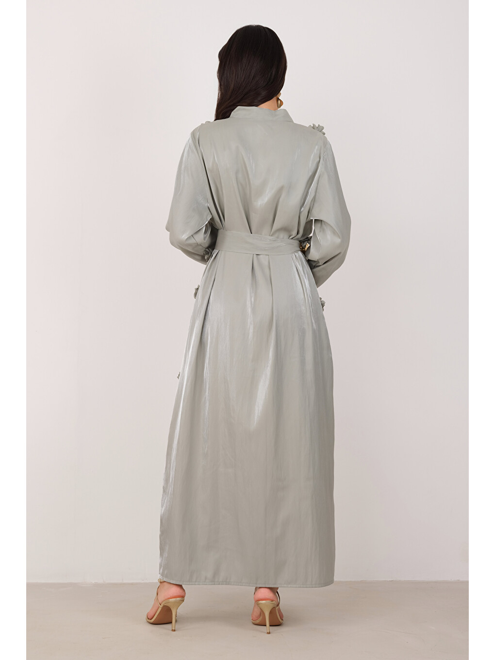 Yeşil Çiçekli Aplikeli Abaya Çağla-4