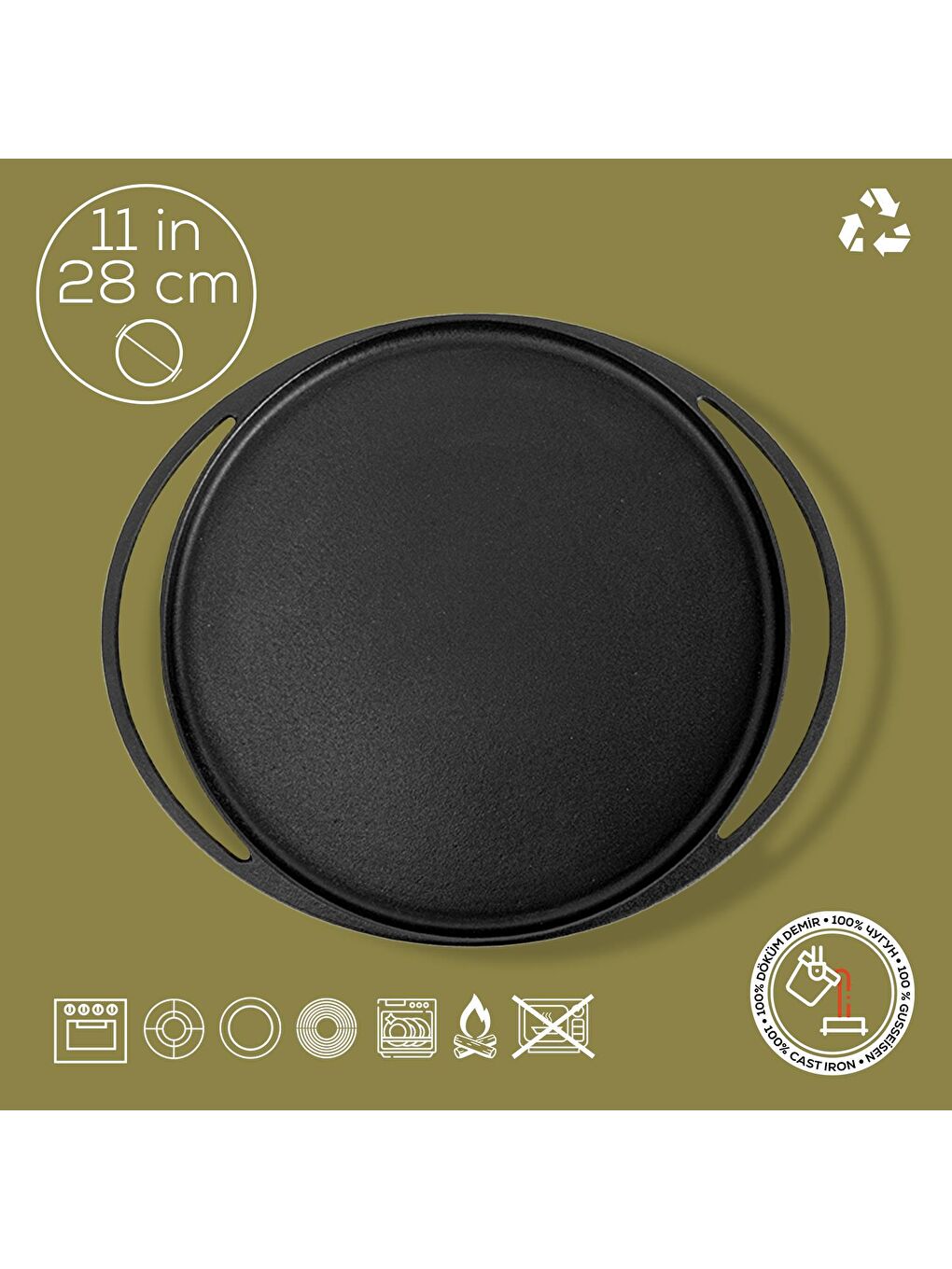 Siyah Yuvarlak Pizza Krep Pankek Tavası Döküm Demir Yekpare Çift Kulplu Çap(Ø)28cm.-3