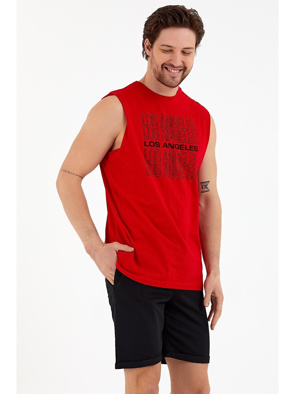 Kırmızı Erkek Bisiklet Yaka Regular Fit Los Angeles Baskılı Kolsuz Tişört Spr22ts123-3