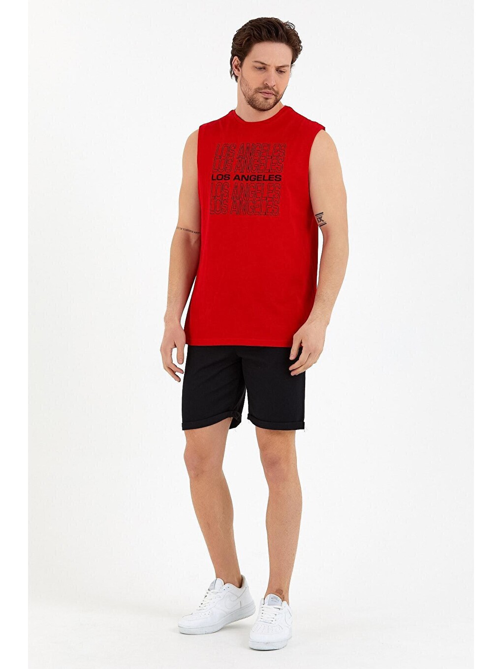 Kırmızı Erkek Bisiklet Yaka Regular Fit Los Angeles Baskılı Kolsuz Tişört Spr22ts123-2
