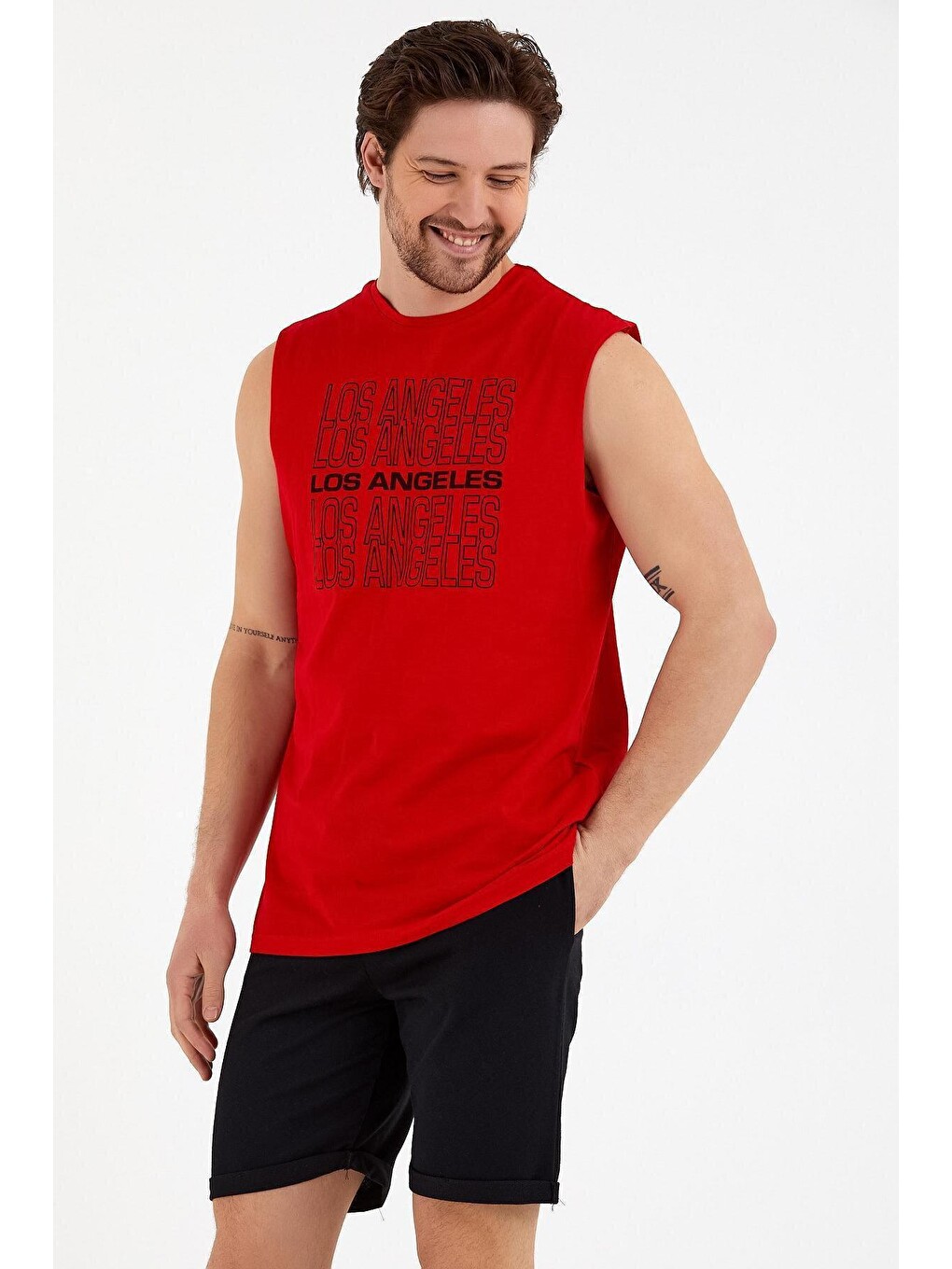 Kırmızı Erkek Bisiklet Yaka Regular Fit Los Angeles Baskılı Kolsuz Tişört Spr22ts123