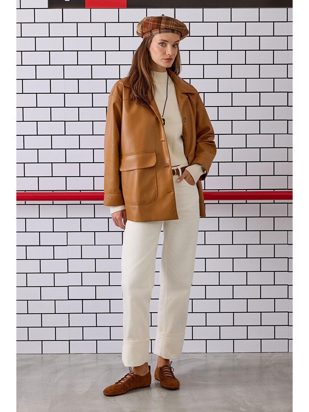 Kahverengi Spor Kesim Deri Ceket Camel-4