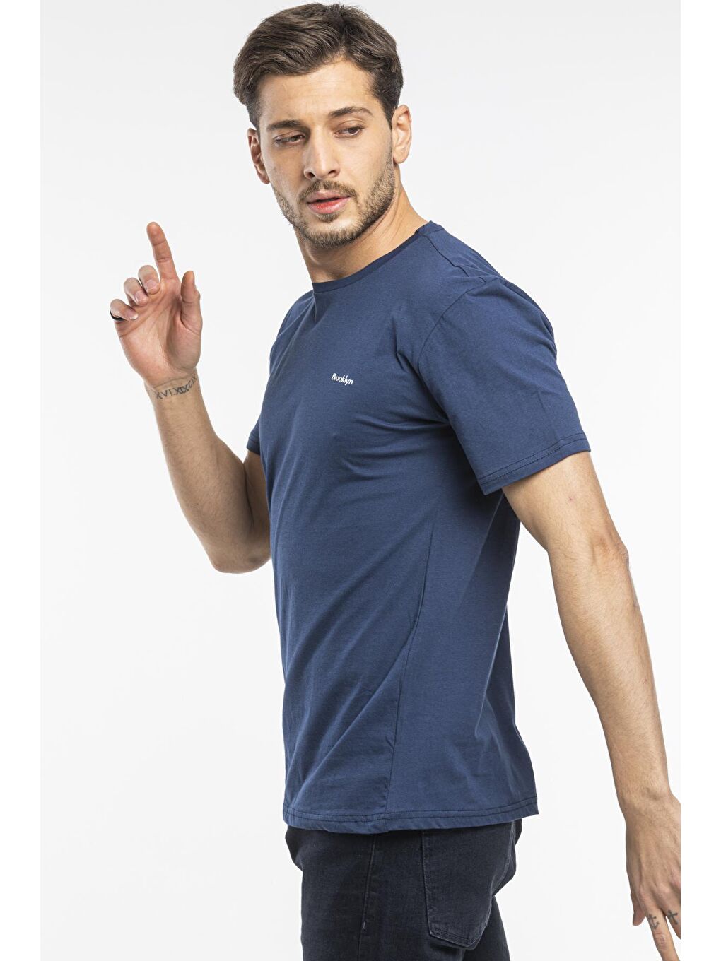 Lacivert Erkek Bisiklet Yaka Dar Kalıp Brooklyn Baskılı Tişort SPR 266-1