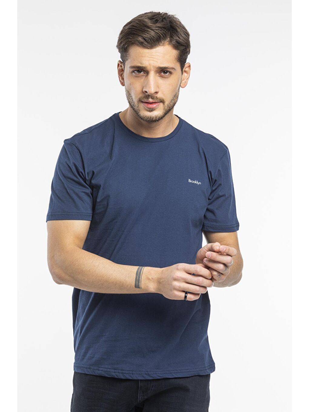 Lacivert Erkek Bisiklet Yaka Dar Kalıp Brooklyn Baskılı Tişort SPR 266-3