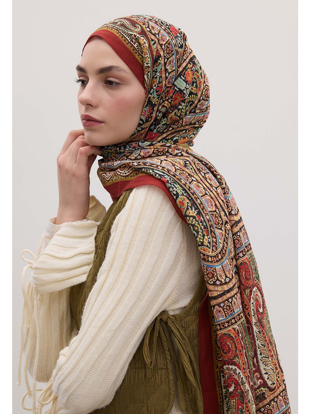 Nordıc Paısley Desen Şal Kırmızı-3