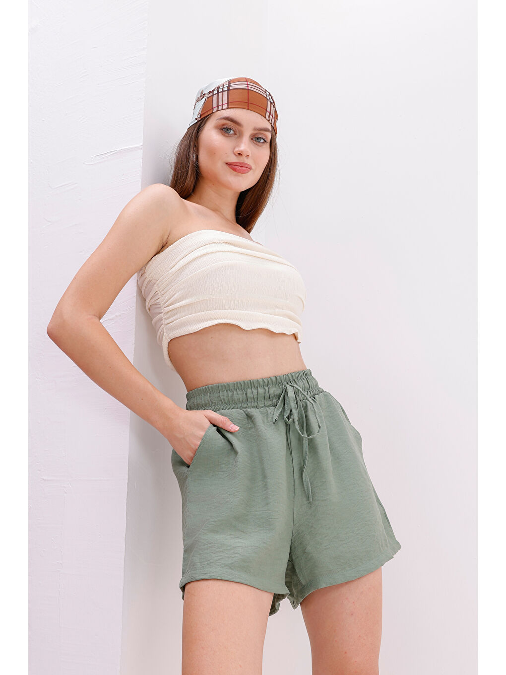 Yeşil Genıus Store Kadın Şort Aerobin Pamuklu Cepli Çekmez Kumaş Beli Lastikli Şort