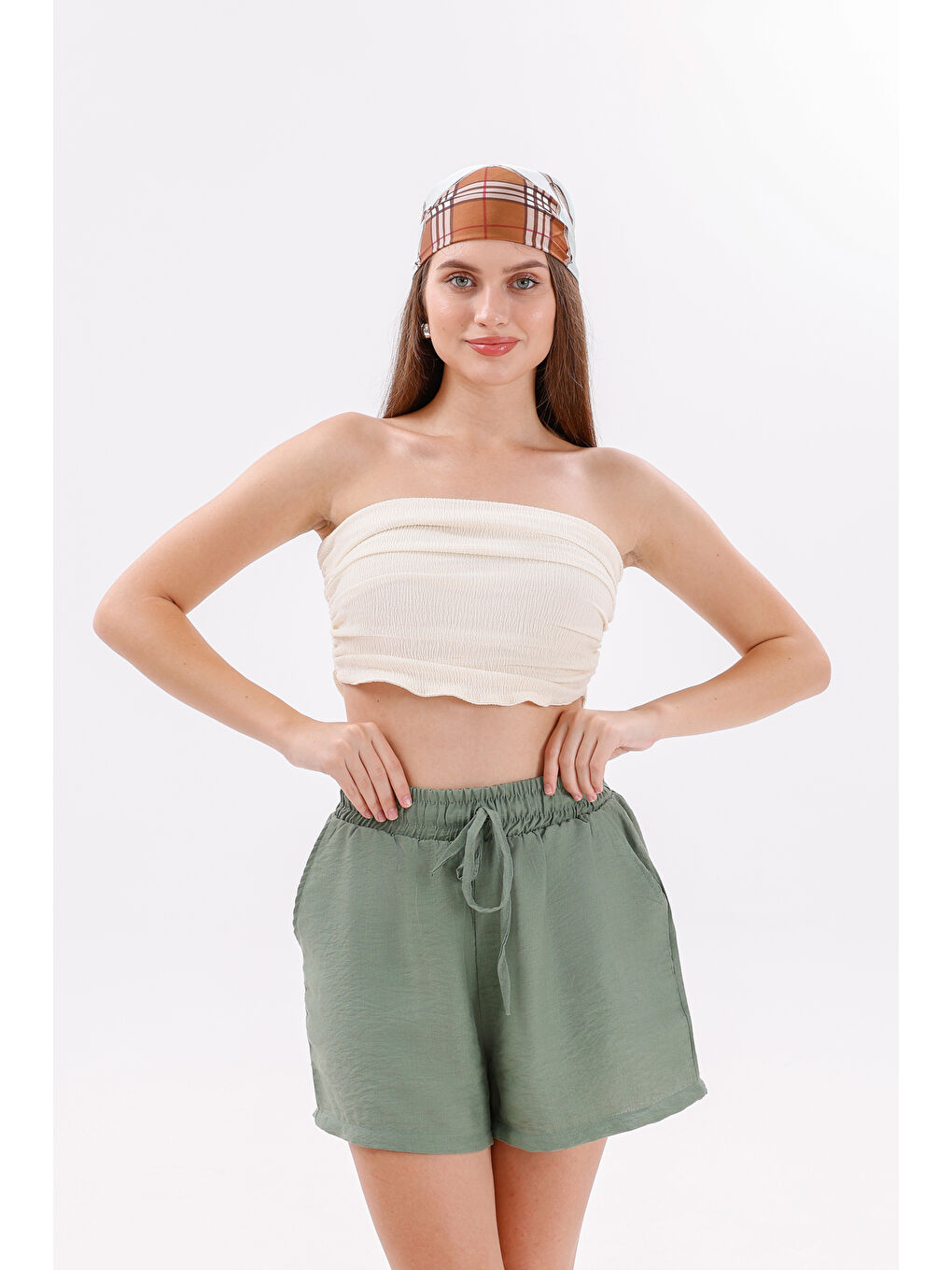 Yeşil Genıus Store Kadın Şort Aerobin Pamuklu Cepli Çekmez Kumaş Beli Lastikli Şort-1