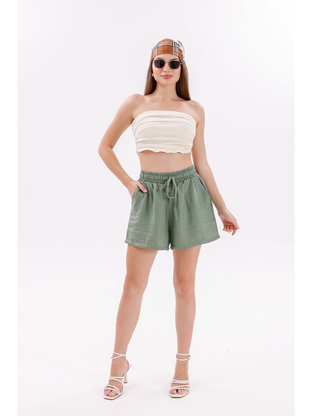 Yeşil Genıus Store Kadın Şort Aerobin Pamuklu Cepli Çekmez Kumaş Beli Lastikli Şort-2