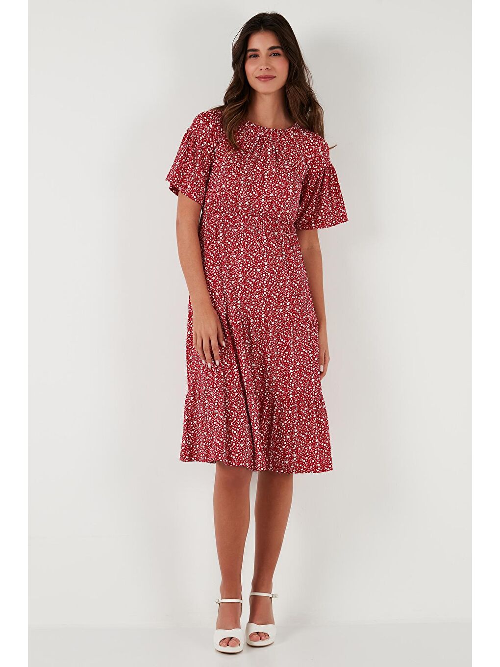 Kırmızı Desenli Carmen Yaka Truvakar Kol Midi Elbise 5863718-2