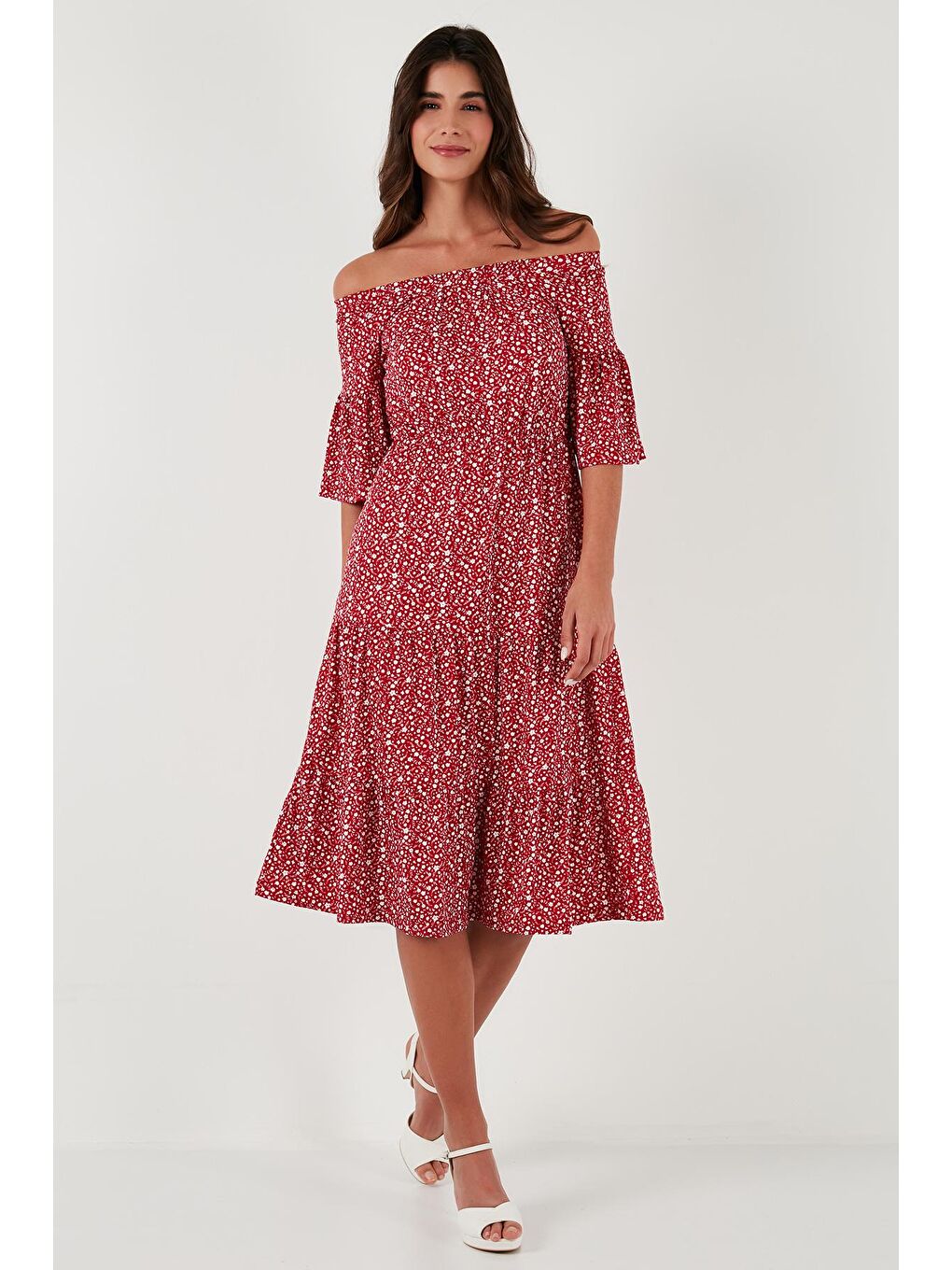 Kırmızı Desenli Carmen Yaka Truvakar Kol Midi Elbise 5863718-3
