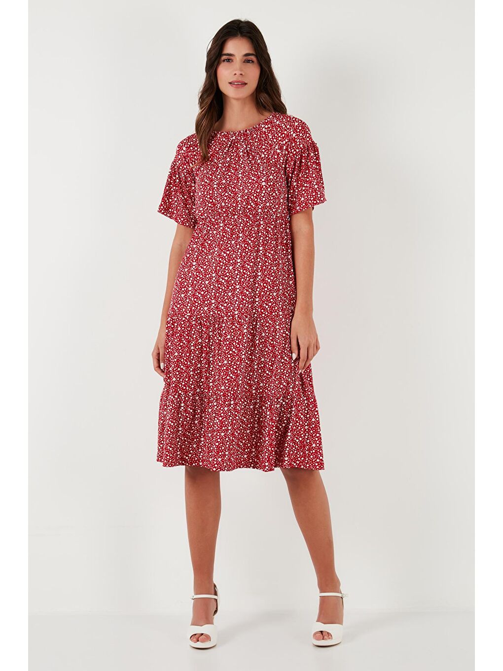 Kırmızı Desenli Carmen Yaka Truvakar Kol Midi Elbise 5863718-4