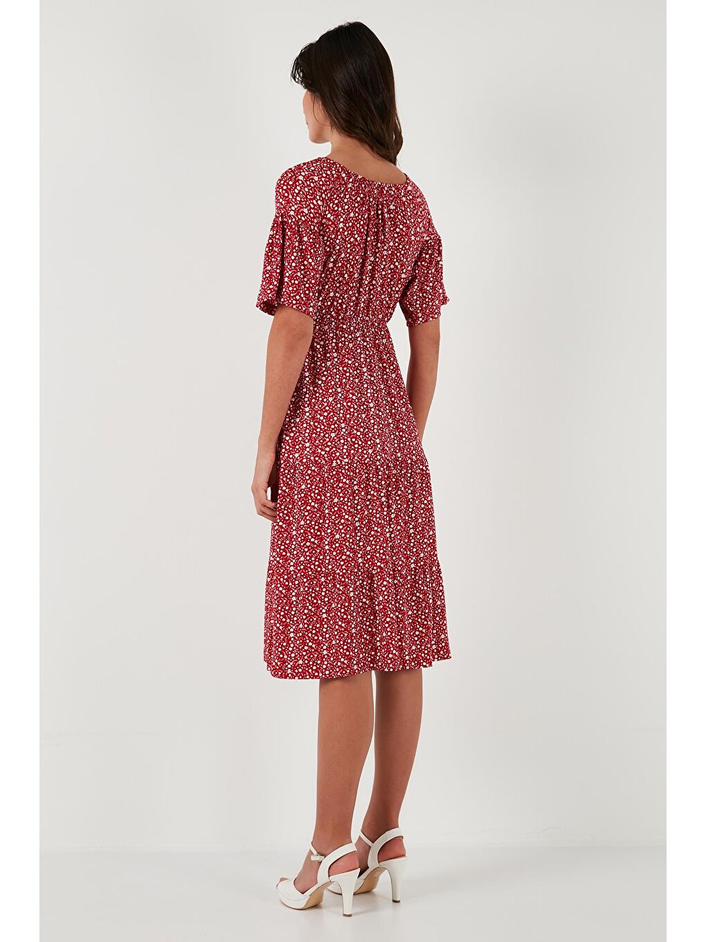Kırmızı Desenli Carmen Yaka Truvakar Kol Midi Elbise 5863718-5