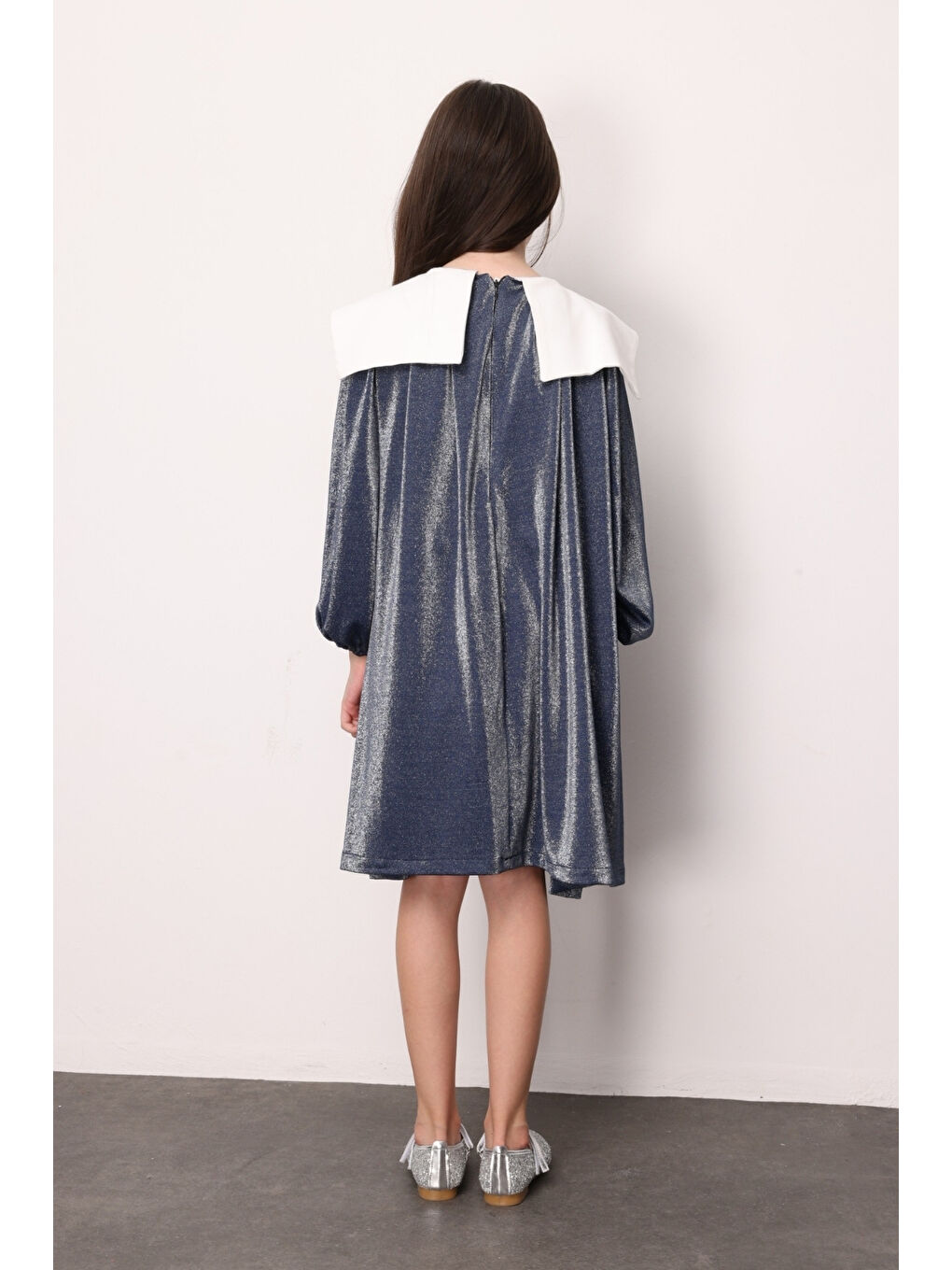 Lacivert Uzun Kollu Yaka Detaylı Simli Kız Çocuk Elbise - Maya-3