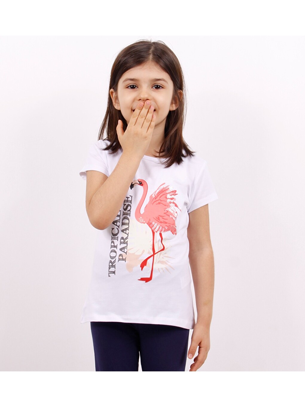 Beyaz Kız Çocuk Tişört Flamingo Baskılı