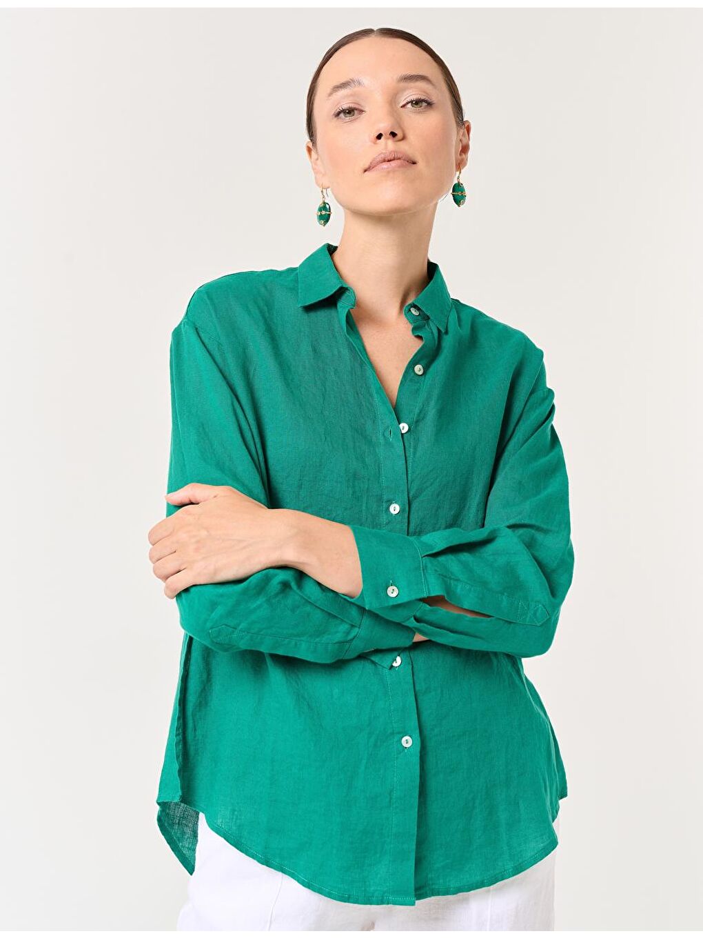 Yeşil Uzun Kollu Düz Keten Gömlek