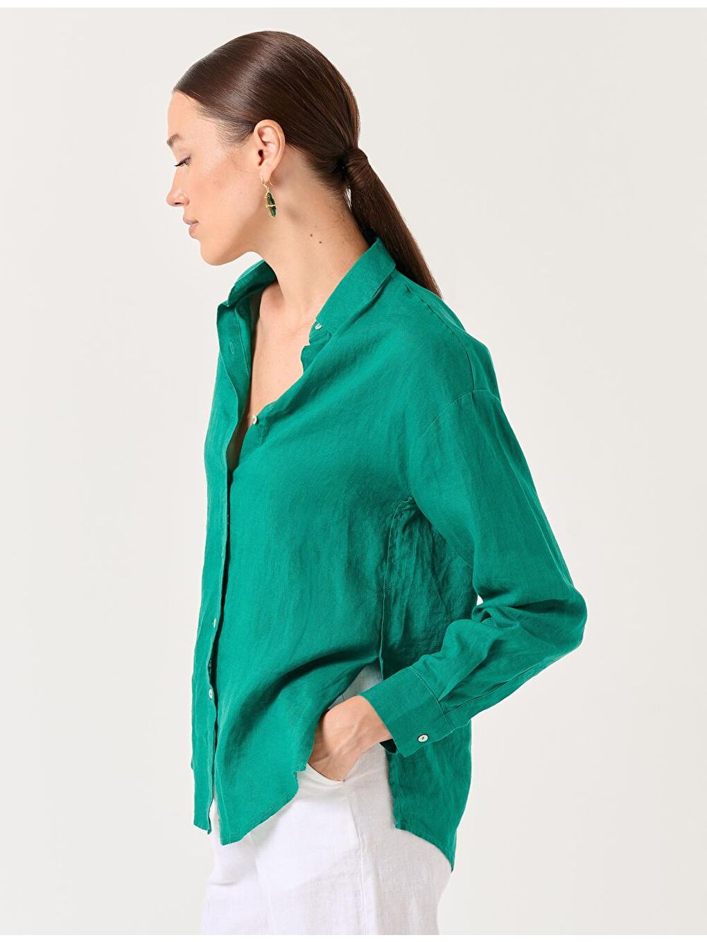 Yeşil Uzun Kollu Düz Keten Gömlek-1