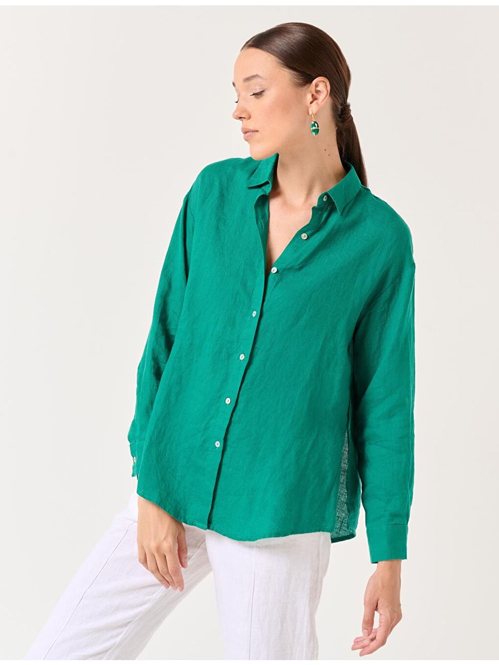Yeşil Uzun Kollu Düz Keten Gömlek-2