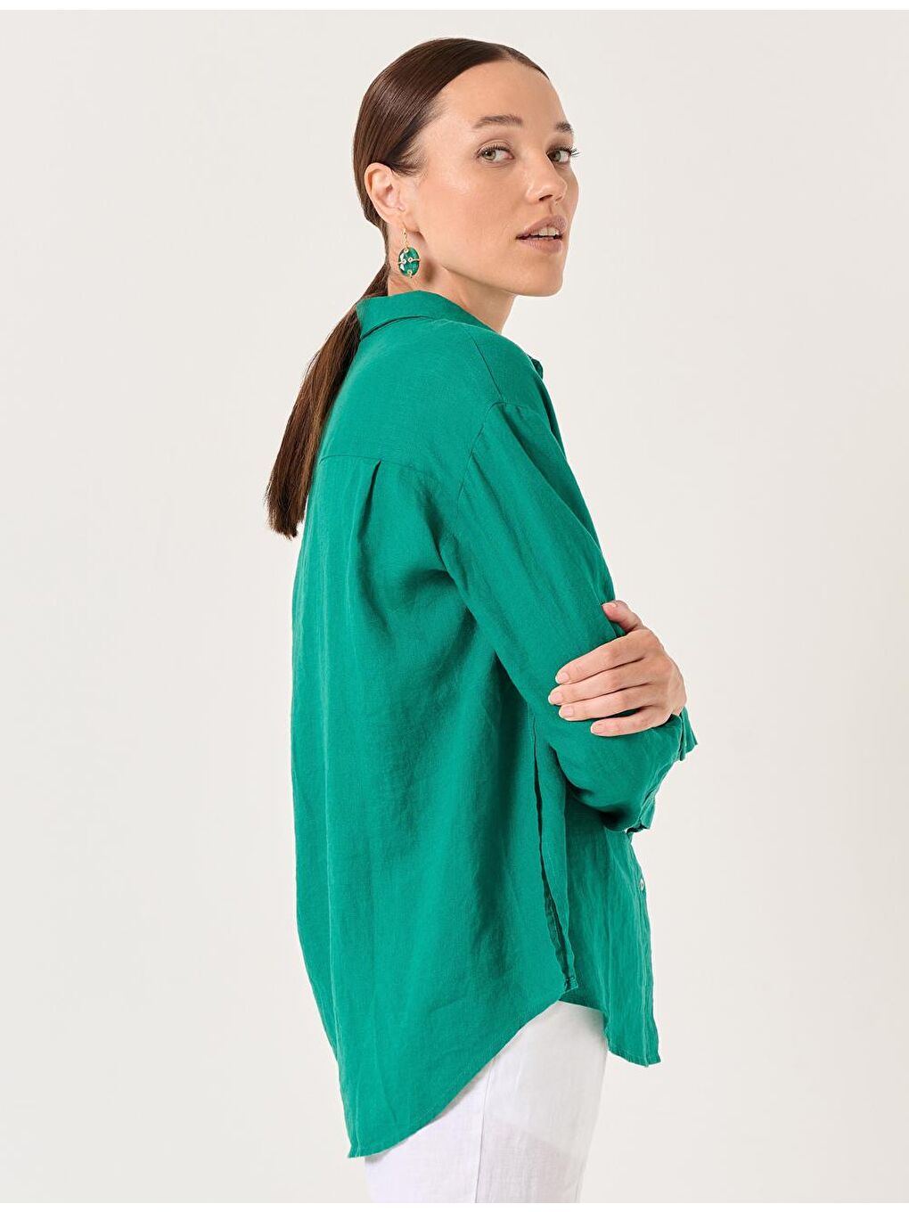 Yeşil Uzun Kollu Düz Keten Gömlek-3