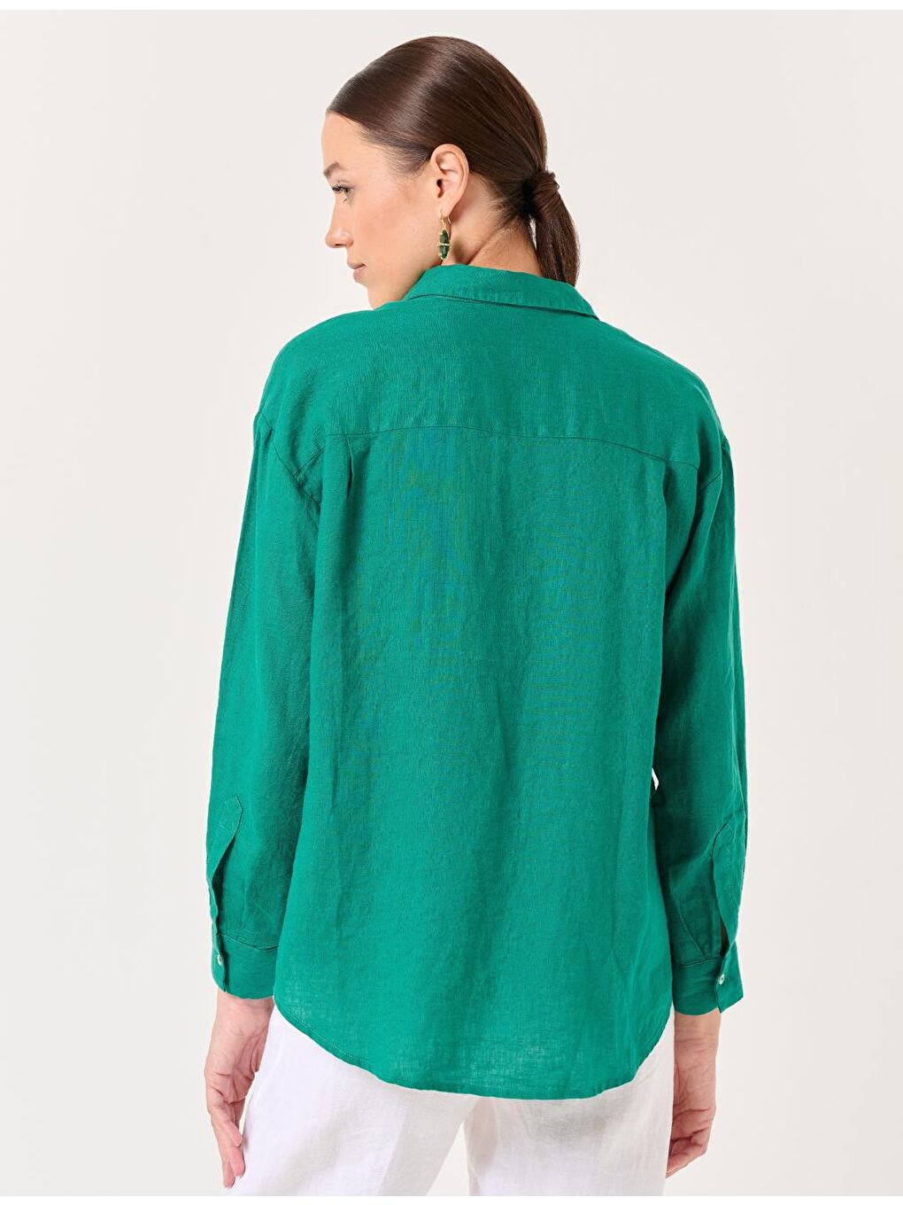 Yeşil Uzun Kollu Düz Keten Gömlek-5