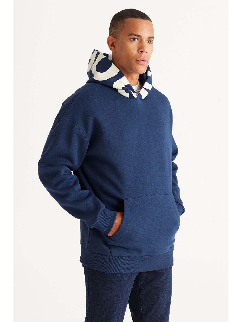 Erkek Lacivert Oversize Fit Bol Kesim Kapüşonlu İçi Polarlı Pamuklu Kapüşonlu Sweatshirt