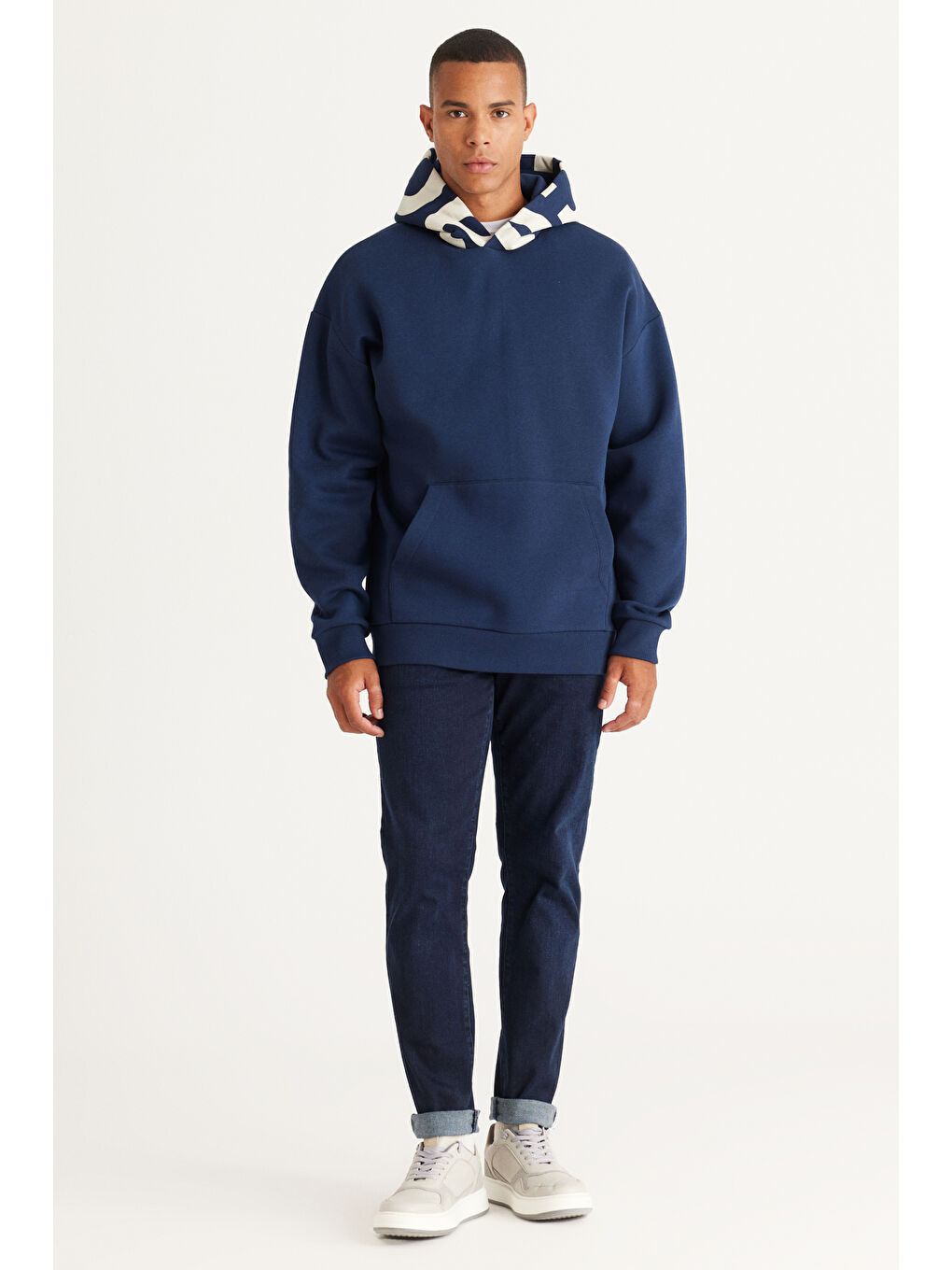 Erkek Lacivert Oversize Fit Bol Kesim Kapüşonlu İçi Polarlı Pamuklu Kapüşonlu Sweatshirt-2