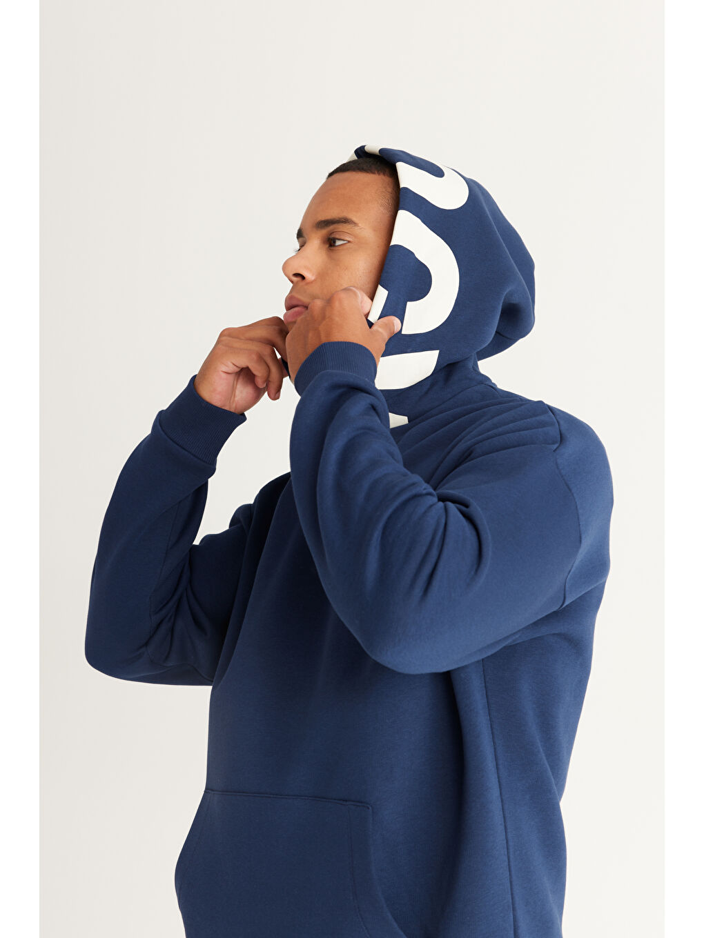 Erkek Lacivert Oversize Fit Bol Kesim Kapüşonlu İçi Polarlı Pamuklu Kapüşonlu Sweatshirt-3