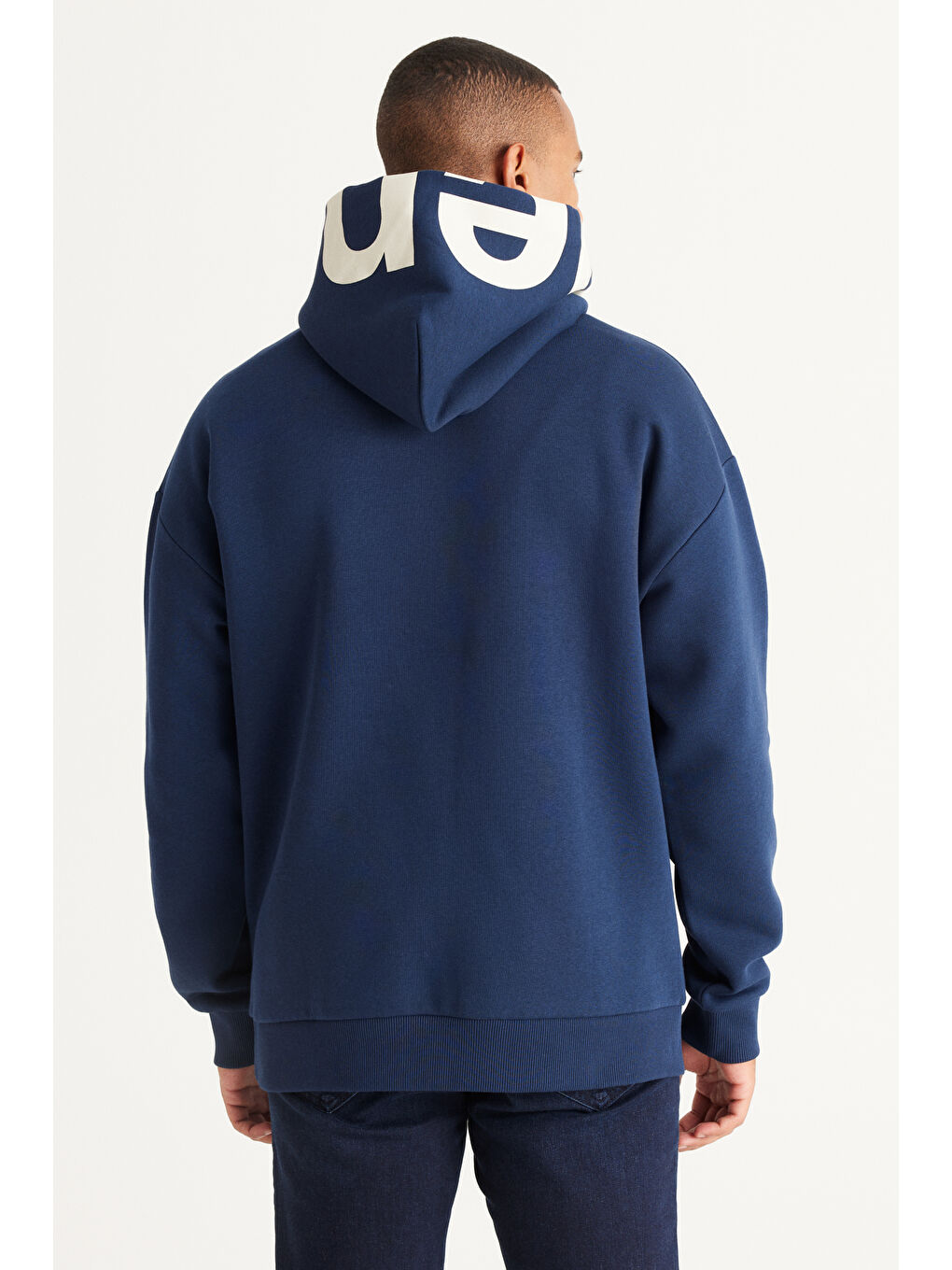 Erkek Lacivert Oversize Fit Bol Kesim Kapüşonlu İçi Polarlı Pamuklu Kapüşonlu Sweatshirt-5