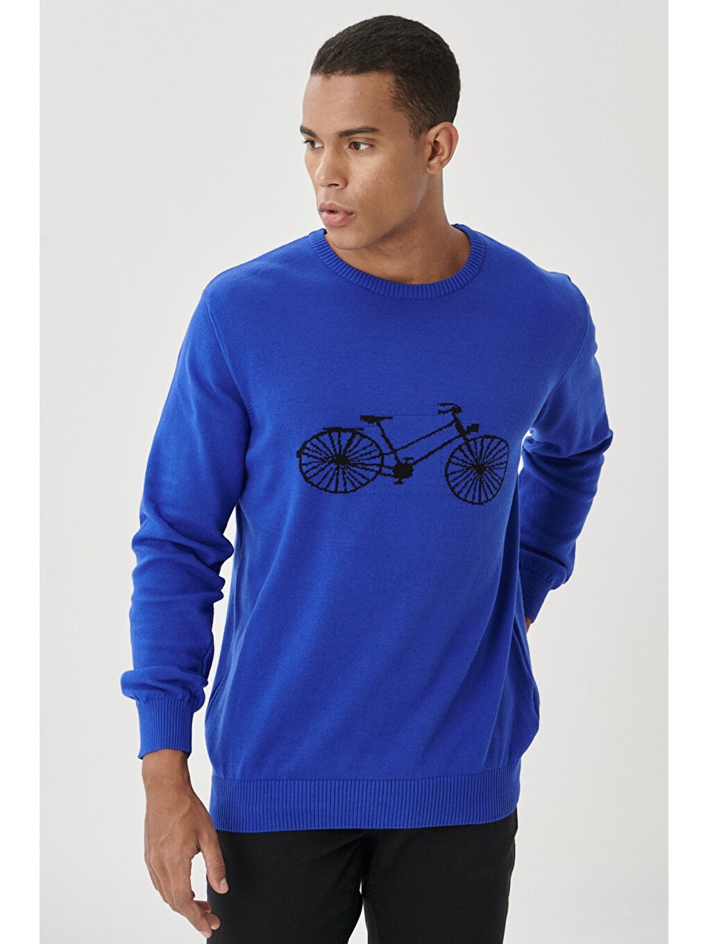 Mavi Erkek Saks-Siyah Standart Fit Bisiklet Yaka Desenli %100 Pamuk Triko Kazak