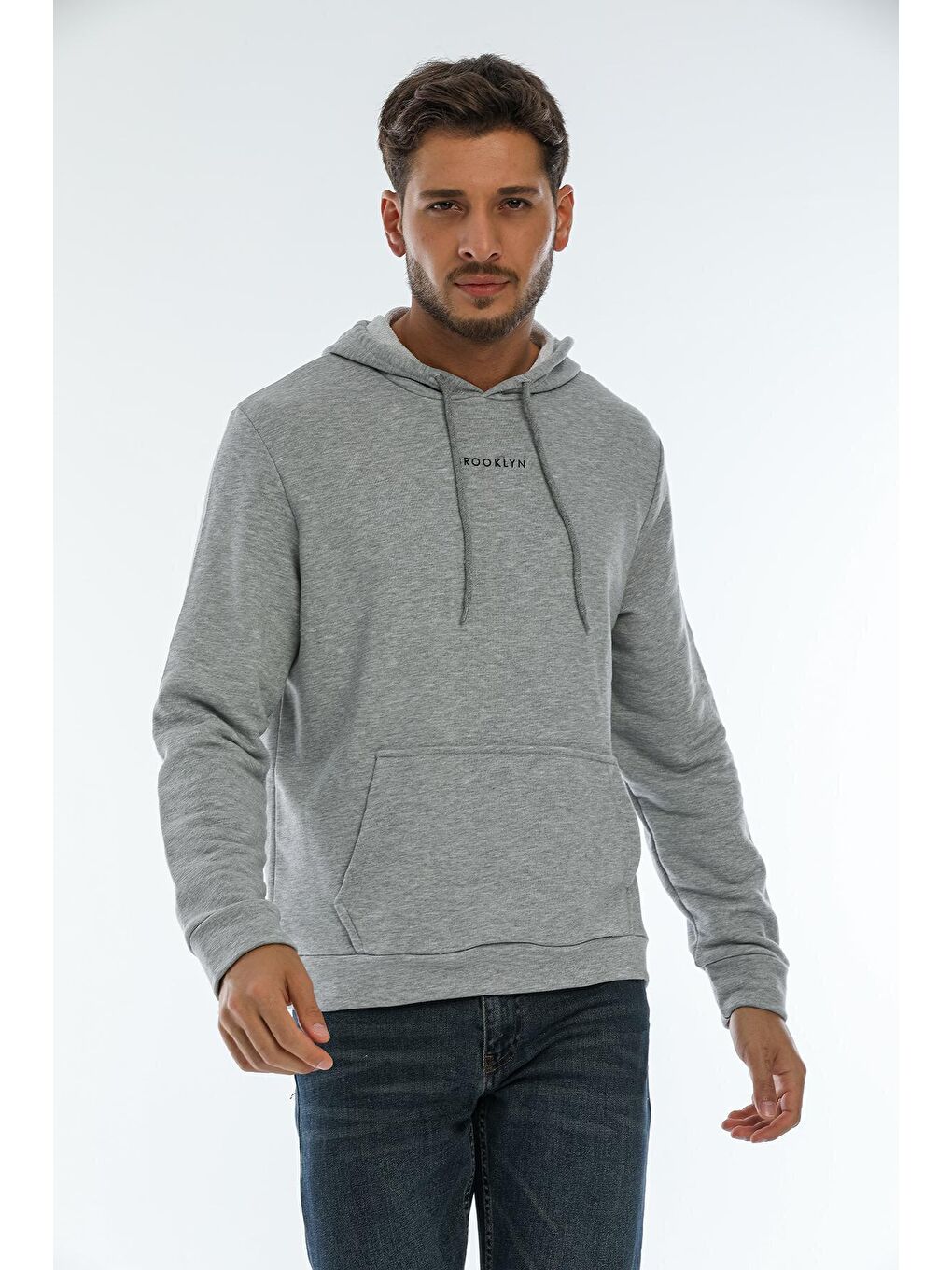 Süperlife Açık Gri Erkek Kapşonlu Regular Fit Brooklyn Baskılı İnce Sweatshirt SPR22SW161 - 1