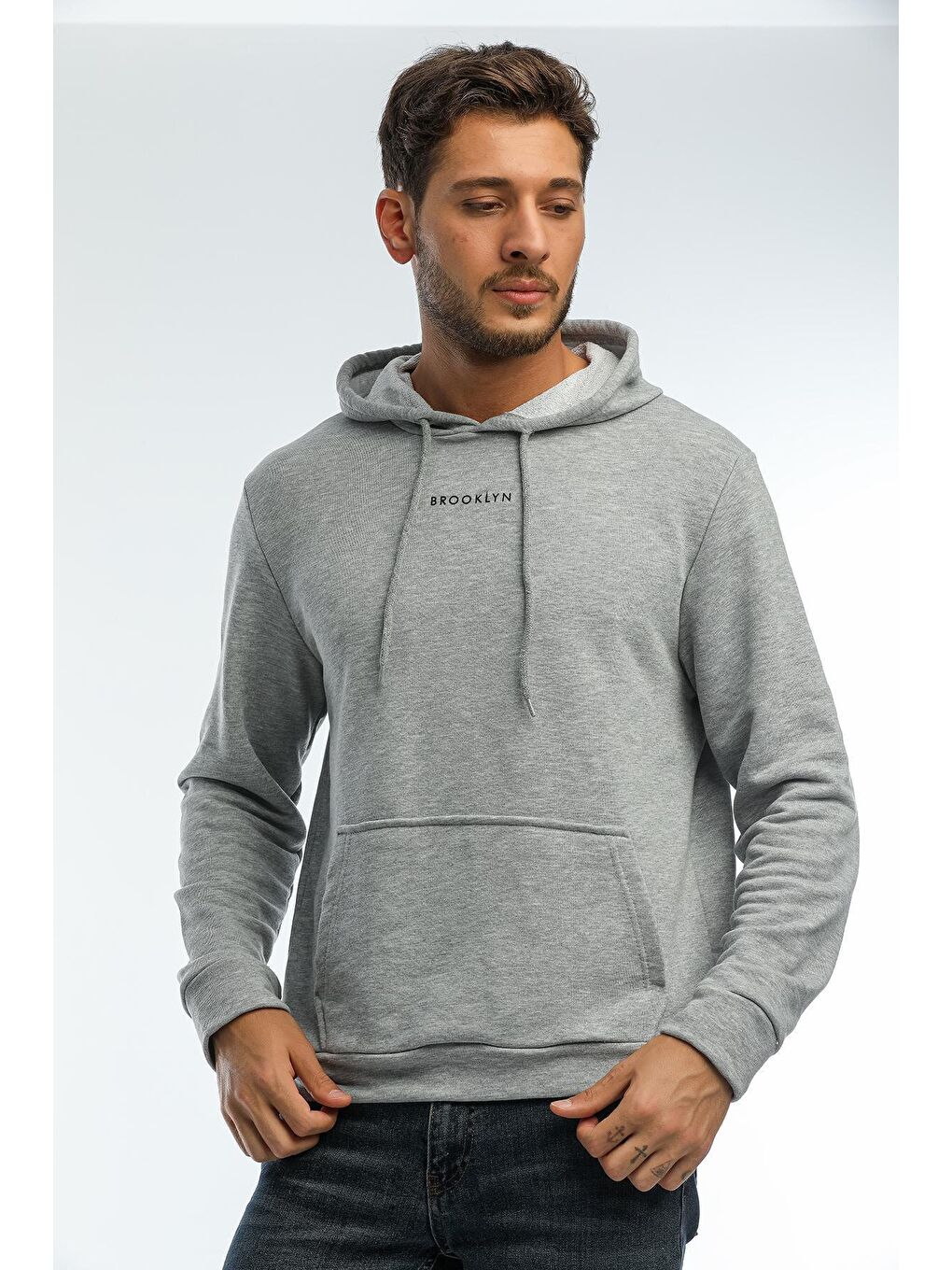 Süperlife Açık Gri Erkek Kapşonlu Regular Fit Brooklyn Baskılı İnce Sweatshirt SPR22SW161 - 4