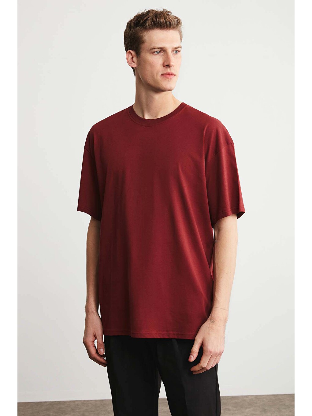 Erkek Oversize Fit %100 Organik Pamuk Kalın Dokulu Bisiklet Yakalı Bordo Tişört