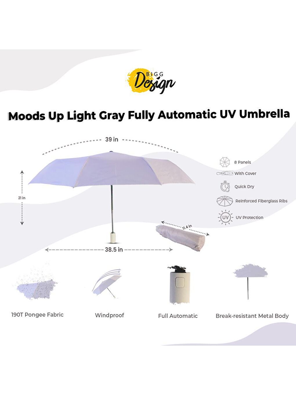 Biggdesign Açık Gri Moods Up Açık gri Tam Otomatik UV Şemsiye - 7