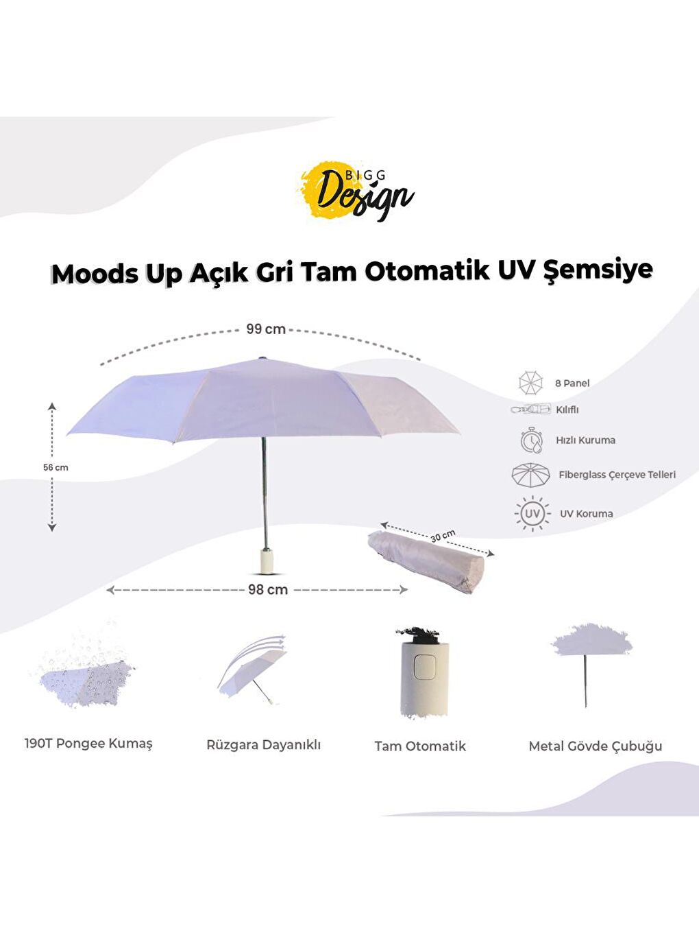 Biggdesign Açık Gri Moods Up Açık gri Tam Otomatik UV Şemsiye - 8