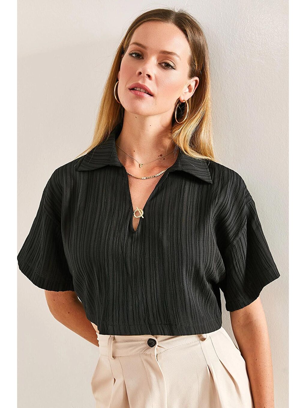 Siyah Kadın Crop Pamuk Krinkıl Bluz-2