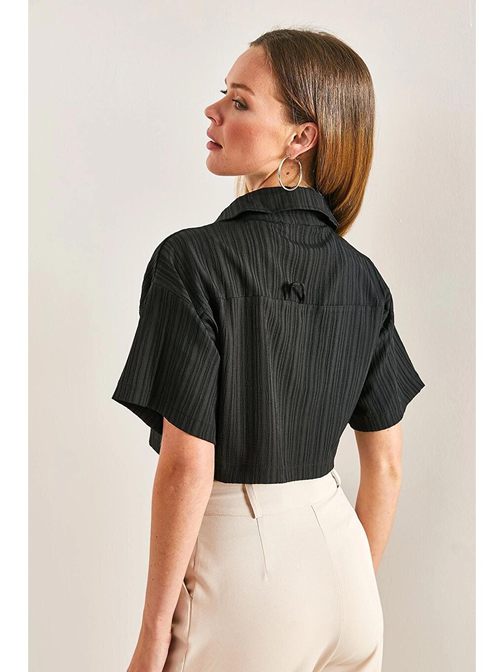 Siyah Kadın Crop Pamuk Krinkıl Bluz-4
