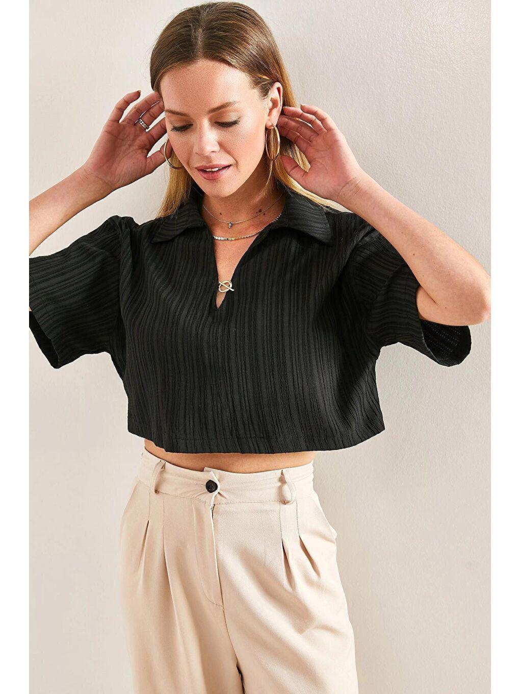 Siyah Kadın Crop Pamuk Krinkıl Bluz