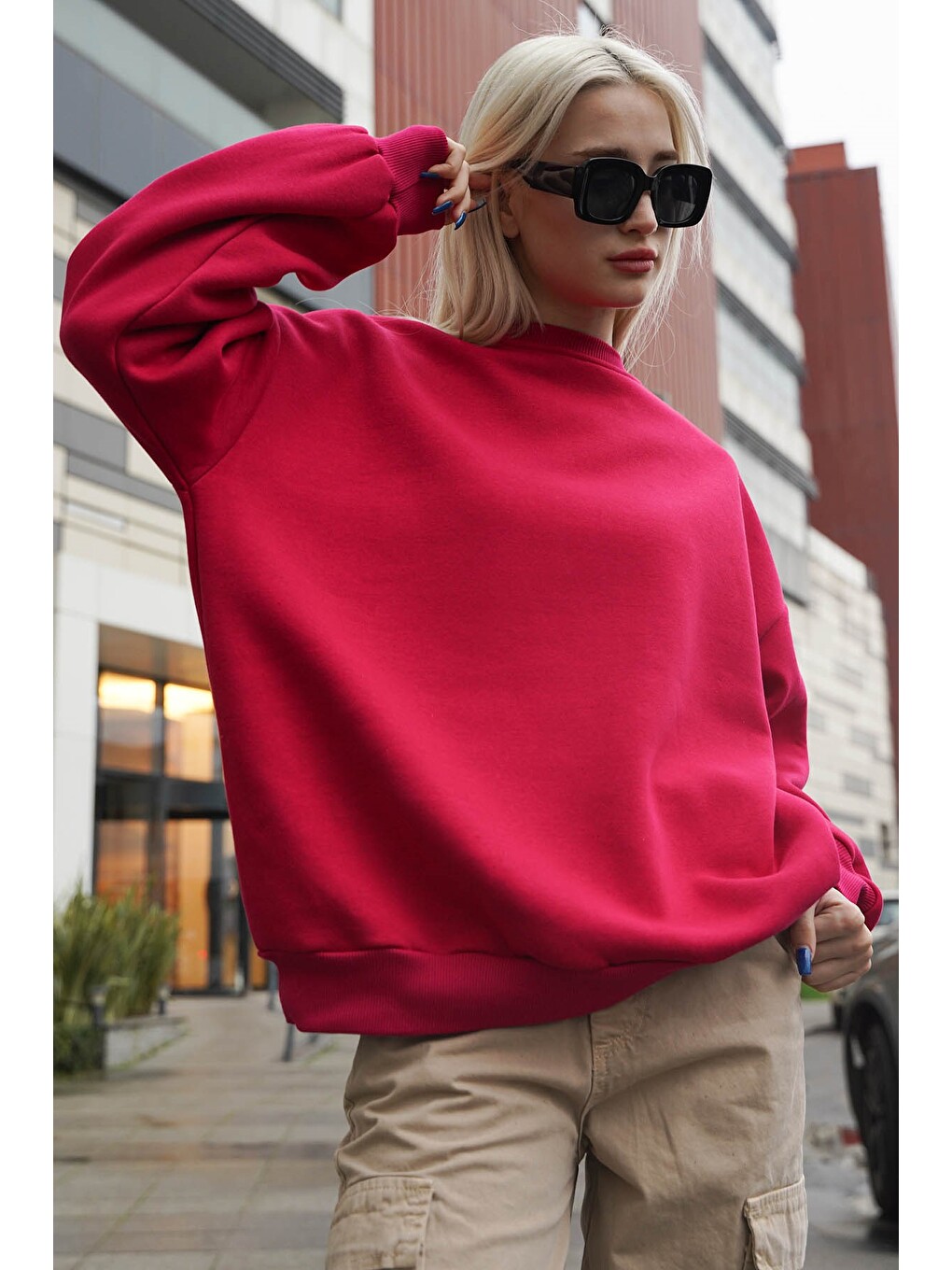 Fuşya Bisiklet Yaka Basic Sweatshirt Mg1559