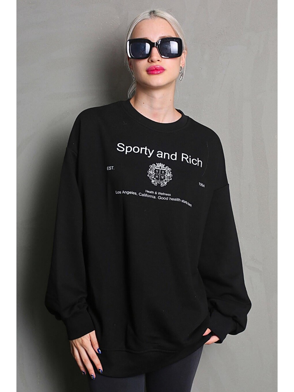 Siyah Bisiklet Yaka Baskılı Oversize Kadın Sweatshirt Mg1577-4